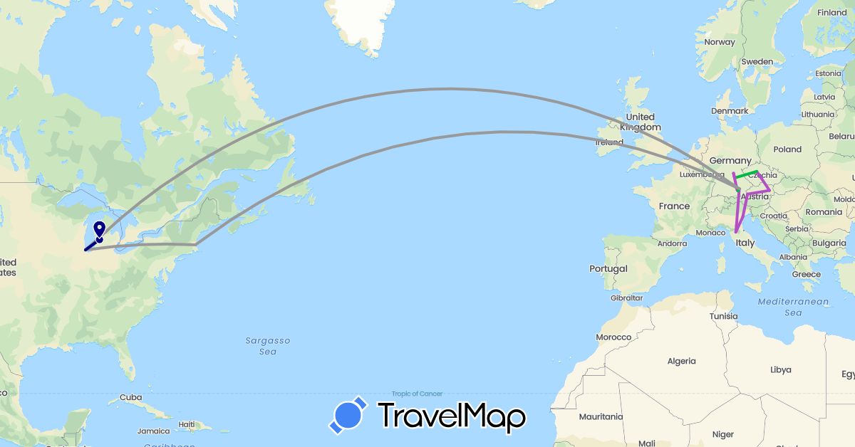 TravelMap itinerary: driving, bus, plane, train in Austria, Czech Republic, Germany, Italy, United States (Europe, North America)